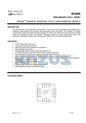 IR3086 datasheet - PHASE IC WITH OVP, FAULT AND OVERTEMP DETECT