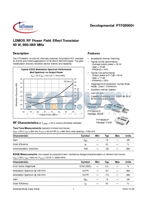 PTF080601A datasheet - LDMOS RF Power Field Effect Transistor 60 W, 860-960 MHz