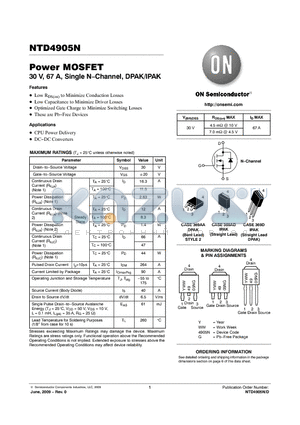 NTD4905NT4G datasheet - Power MOSFET 30 V, 67 A, Single N−Channel, DPAK/IPAK