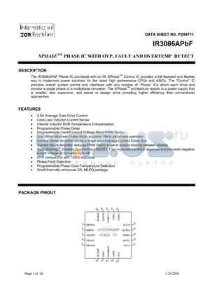 IR3086AMPBF datasheet - XPHASE PHASE IC WITH OVP, FAULT AND OVERTEMP DETECT