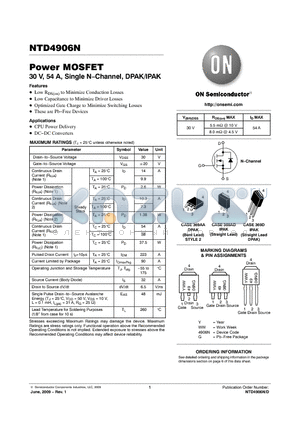 NTD4906NT4G datasheet - Power MOSFET 30 V, 54 A, Single N−Channel, DPAK/IPAK