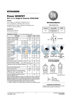 NTD4909N datasheet - Power MOSFET 30 V, 41 A, Single N−Channel, DPAK/IPAK