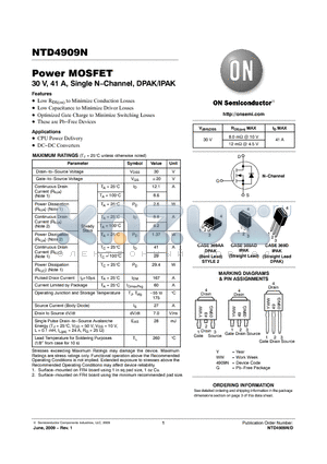 NTD4909NT4G datasheet - Power MOSFET 30 V, 41 A, Single N−Channel, DPAK/IPAK