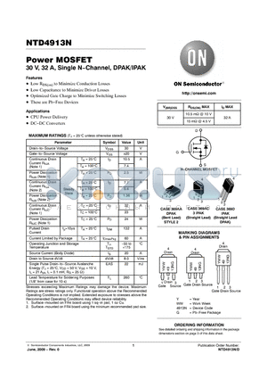 NTD4913N datasheet - Power MOSFET 30 V, 32 A, Single N−Channel, DPAK/IPAK