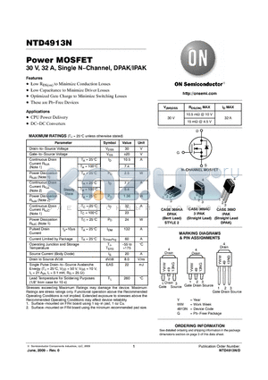 NTD4913NT4G datasheet - Power MOSFET 30 V, 32 A, Single N−Channel, DPAK/IPAK