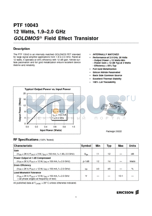 PTF10043 datasheet - 12 Watts, 1.9-2.0 GHz GOLDMOS Field Effect Transistor