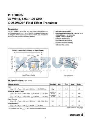 PTF10065 datasheet - 30 Watts, 1.93-1.99 GHz GOLDMOS Field Effect Transistor