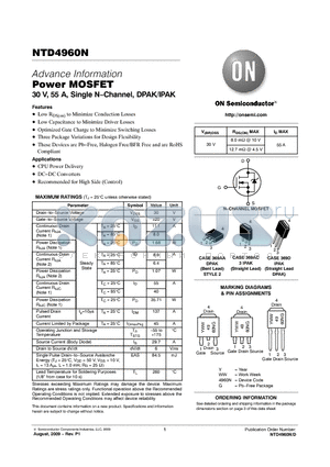 NTD4960N datasheet - Power MOSFET 30 V, 55 A, Single N−Channel, DPAK/IPAK