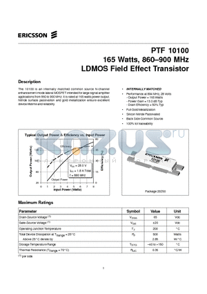 PTF10100 datasheet - 165 Watts, 860-900 MHz LDMOS Field Effect Transistor
