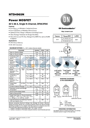 NTD4965N datasheet - Power MOSFET 30 V, 68 A, Single NChannel, DPAK/IPAK