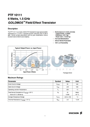 PTF10111 datasheet - 6 Watts, 1.5 GHz GOLDMOS Field Effect Transistor