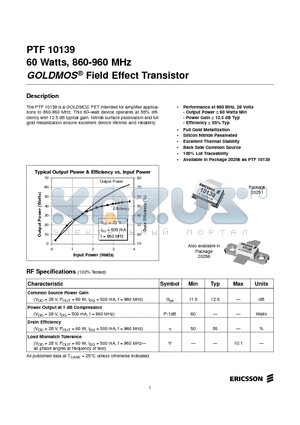 PTF10139 datasheet - 60 Watts, 860-960 MHz GOLDMOS Field Effect Transistor
