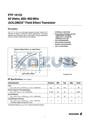 PTF10133 datasheet - 85 Watts, 860-960 MHz GOLDMOS Field Effect Transistor
