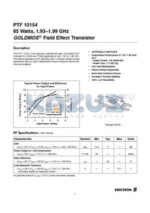PTF10154 datasheet - 85 Watts, 1.93-1.99 GHz GOLDMOS Field Effect Transistor
