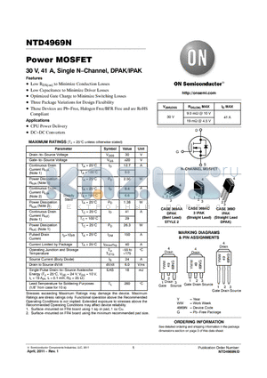 NTD4969N datasheet - Power MOSFET 30 V, 41 A, Single NChannel, DPAK/IPAK CPU Power Delivery