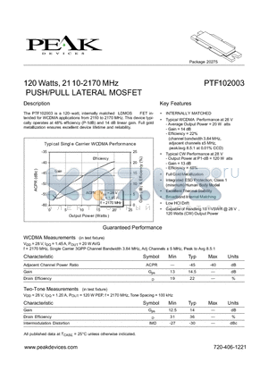 PTF102003 datasheet - 120 Watts, 2110-2170 MHz PUSH/PULL LATERAL MOSFET