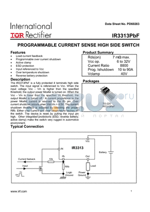 IR3313PBF datasheet - PROGRAMMABLE CURRENT SENSE HIGH SIDE SWITCH