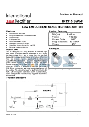 IR3316SPBF datasheet - LOW EMI CURRENT SENSE HIGH SIDE SWITCH