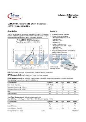 PTF191601 datasheet - LDMOS RF Power Field Effect Transistor 160 W, 1930-1990 MHz