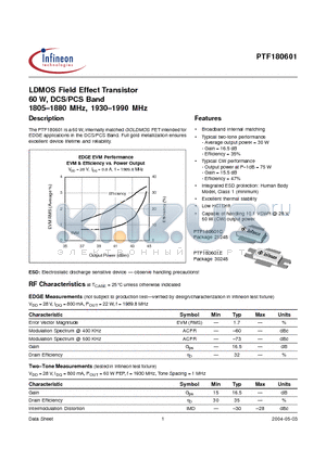 PTF180601C datasheet - LDMOS Field Effect Transistor 60 W, DCS/PCS Band 1805-1880 MHz, 1930-1990 MHz