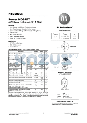 NTD5802N datasheet - Power MOSFET 40 V, Single N−Channel, 101 A DPAK