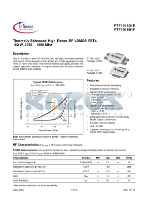 PTF191601F datasheet - Thermally-Enhnaced High Power RF LDMOS FETs 160 W, 1930-1990 MHz