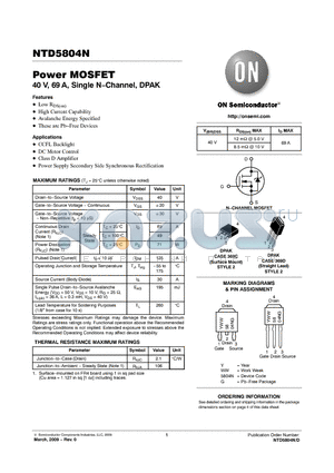 NTD5804N datasheet - Power MOSFET 40 V, 69 A, Single N−Channel, DPAK