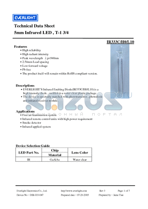 IR333C-H0-L10 datasheet - 5mm Infrared LED , T-1 3/4