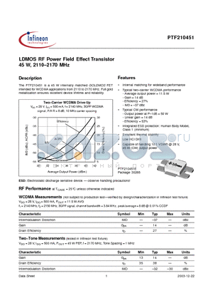 PTF210451E datasheet - LDMOS RF Power Field Effect Transistor 45 W, 2110-2170 MHz