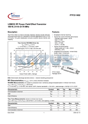 PTF211802 datasheet - LDMOS RF Power Field Effect Transistor 180 W, 2110-2170 MHz