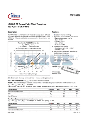 PTF211802A datasheet - LDMOS RF Power Field Effect Transistor 180 W, 2110-2170 MHz