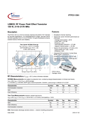 PTF211301 datasheet - LDMOS RF Power Field Effect Transistor 130 W, 2110-2170 MHz