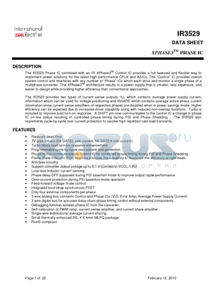 IR3529 datasheet - XPHASE3TM PHASE IC