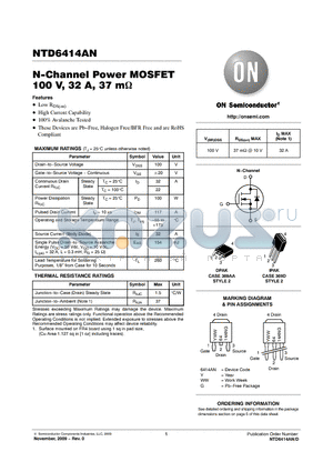 NTD6414ANT4G datasheet - N-Channel Power MOSFET 100 V, 32 A, 37 mY
