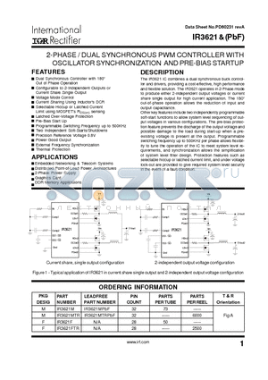 IR3621 datasheet - 2-PHASE / DUAL SYNCHRONOUS PWM CONTROLLER WITH OSCILLATOR SYNCHRONIZATION AND PRE-BIAS STARTUP