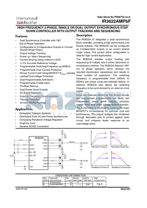 IR3622AMPBF datasheet - HIGH FREQUENCY 2-PHASE, SINGLE OR DUAL OUTPUT SYNCHRONOUS STEP DOWN CONTROLLER WITH OUTPUT TRACKING AND SEQUENCING