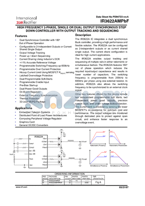 IR3622AMTRPBF datasheet - HIGH FREQUENCY 2-PHASE, SINGLE OR DUAL OUTPUT SYNCHRONOUS STEP DOWN CONTROLLER WITH OUTPUT TRACKING AND SEQUENCING