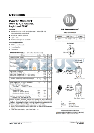 NTD6600N-1 datasheet - Power MOSFET 100 V, 12 A, N−Channel, Logic Level DPAK