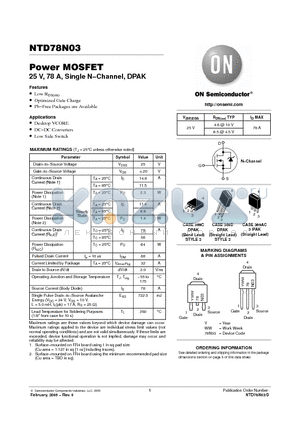 NTD78N03 datasheet - Power MOSFET 25 V, 78 A, Single N−Channel, DPAK