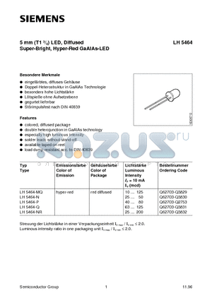 LH5464 datasheet - 5 mm T1 3/4 LED, Diffused Super-Bright, Hyper-Red GaAIAs-LED