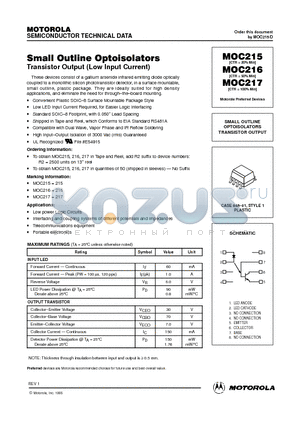 MOC217 datasheet - SMALL OUTLINE OPTOISOLATORS TRANSISTOR OUTPUT