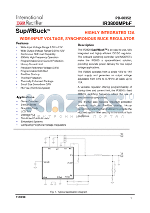 IR3800MPBF datasheet - HIGHLY INTEGRATED 12A WIDE-INPUT VOLTAGE, SYNCHRONOUS BUCK REGULATOR