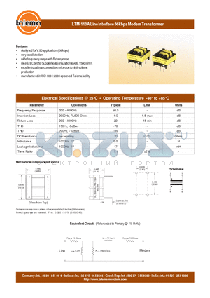 LTM-110A datasheet - Line Interface 56kbps Modem Transformer