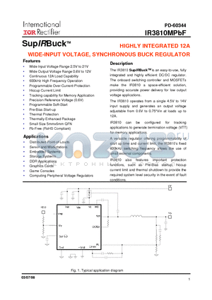 IR3810MPBF datasheet - SupIRBuckTM HIGHLY INTEGRATED 12A WIDE-INPUT VOLTAGE, SYNCHRONOUS BUCK REGULATOR