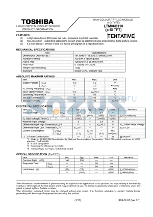 LTM06C310 datasheet - 16cm COLOUR TFT-LCD MODULE 6.3 TYPE