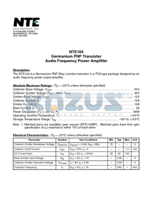 NTE104 datasheet - Germanium PNP Transistor Audio Frequency Power Amplifier