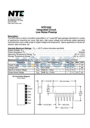 NTE1052 datasheet - Integrated Circuit Low Noise Preamp