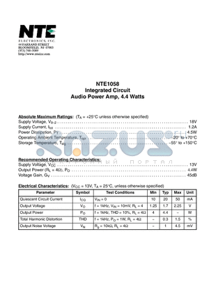 NTE1058 datasheet - Integrated Circuit Audio Power Amp, 4.4 Watts