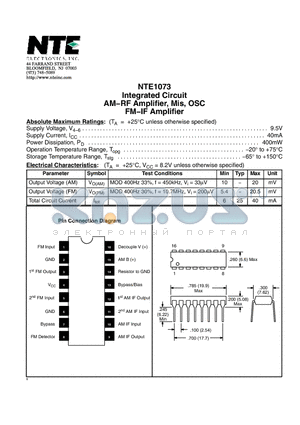 NTE1073 datasheet - Integrated Circuit AM−RF Amplifier, Mis, OSC FM−IF Amplifier