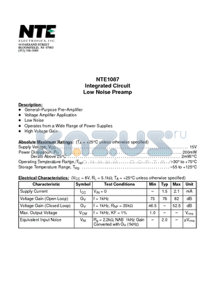 NTE1087 datasheet - Integrated Circuit Low Noise Preamp